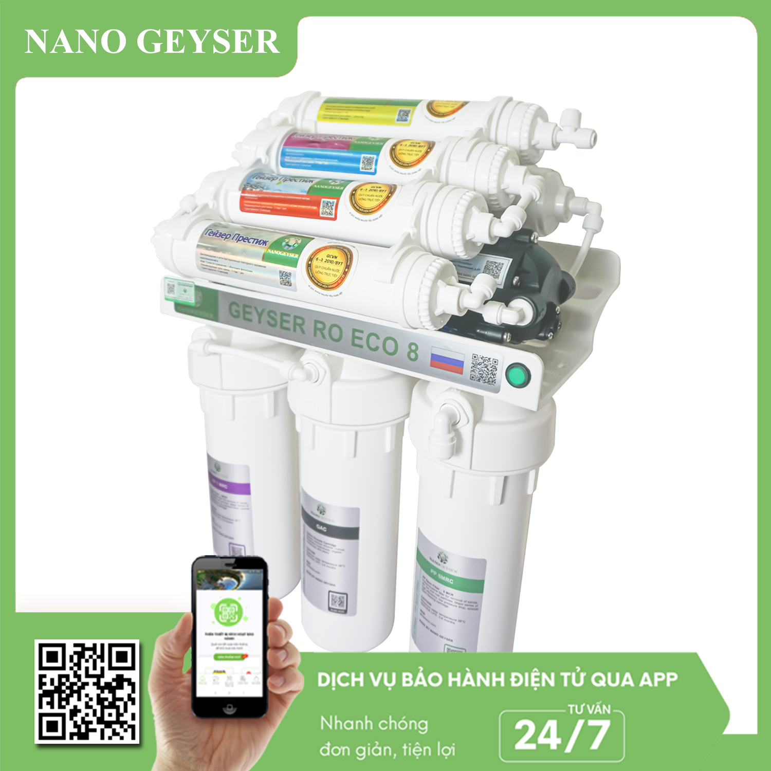 Máy lọc nước Nano Geyser RO ECO8 8 cấp xử lý cặn canxi vượt trội bảo hành 60 tháng